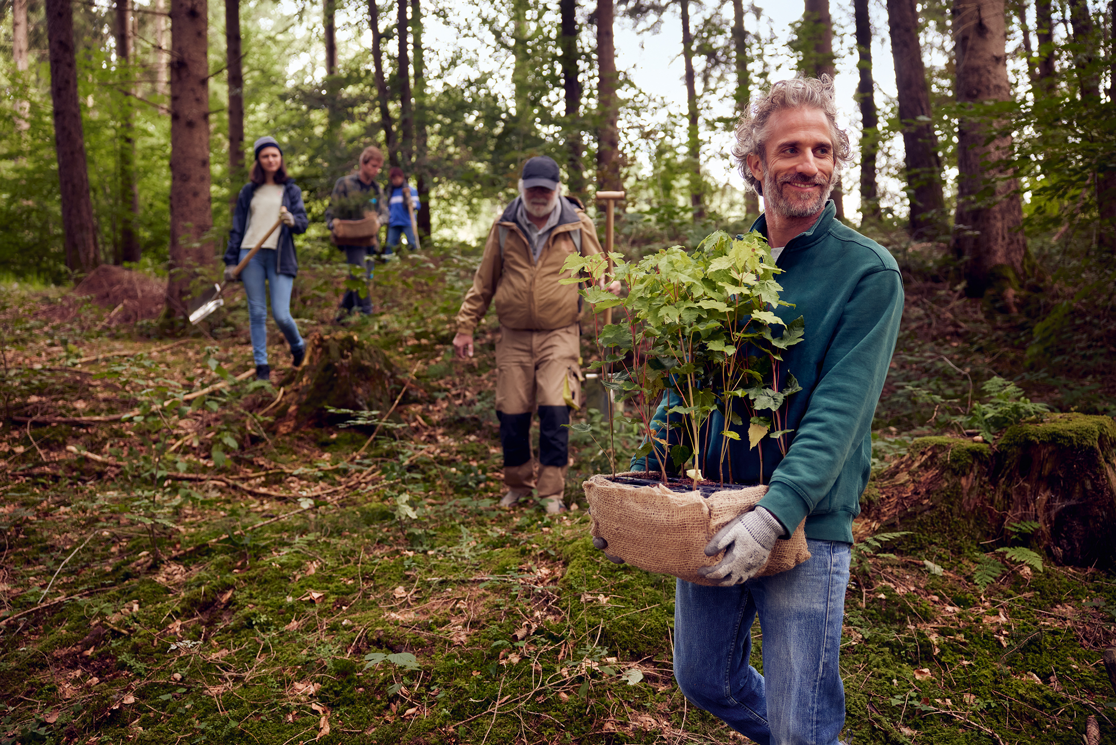 Ein Mannim Wald mit einer Gruppe von Menschen. Er hält ein paar Baumsetzliche.